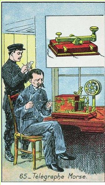 (בספר תמונה) מכשיר הטלגרף, הדפס, 1910 האדם היושב מפענח את הקוד ומכתיב את תוכן ההודעה לשליח. השליח מעביר את ההודעה הכתובה לנמען.